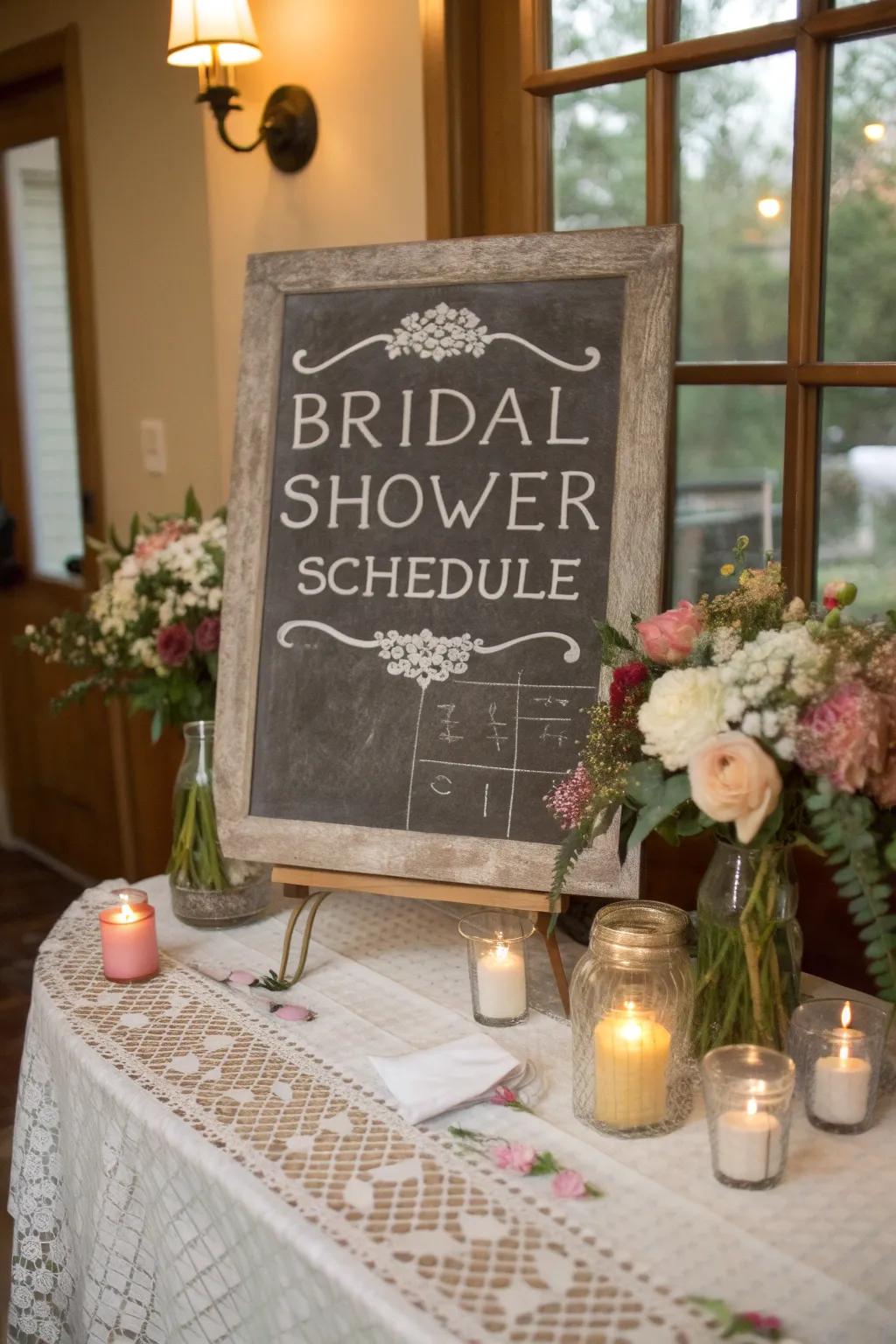 An informative chalkboard keeps guests informed and engaged throughout the event.