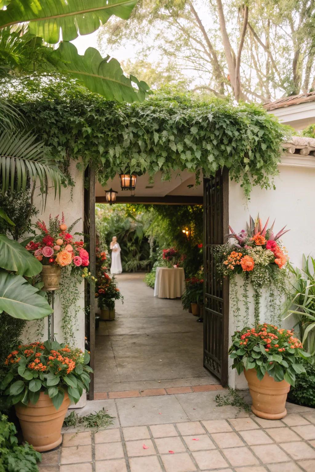 A verdant botanical retreat establishes a tranquil and welcoming atmosphere for the bridal shower.