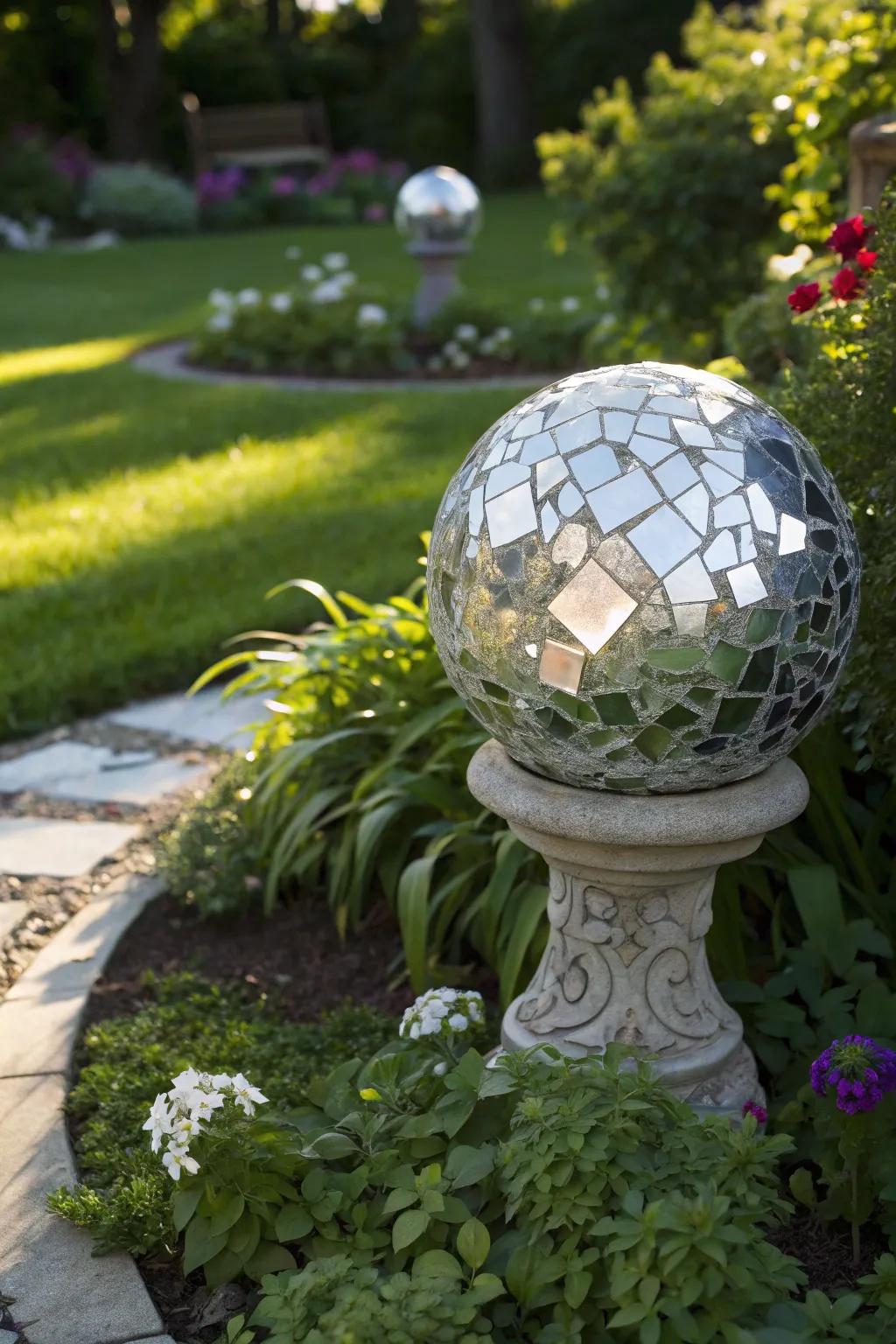 A gazing ball creates an enchanting focal point.