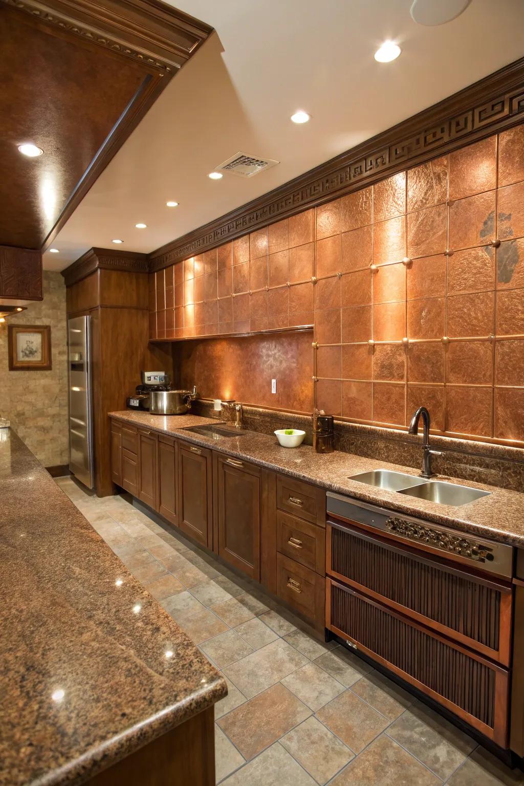 Brown granite's warm undertones are enhanced by bronze walls.