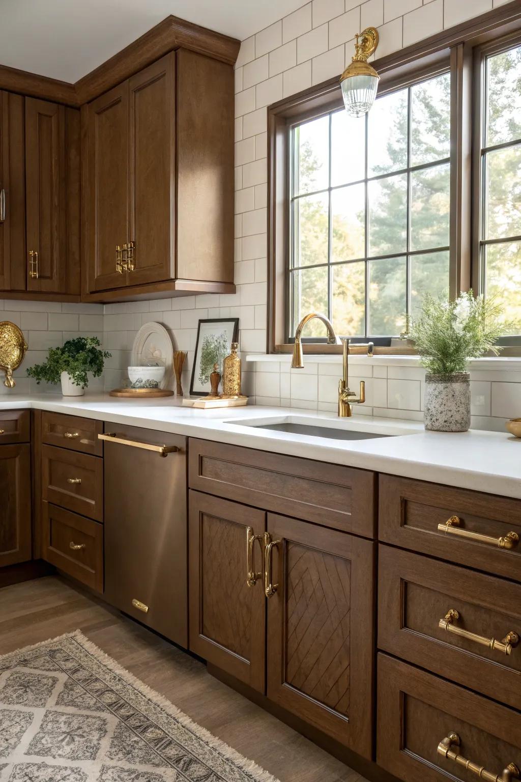 Metallic embellishments contribute an element of opulence to sienna kitchens.