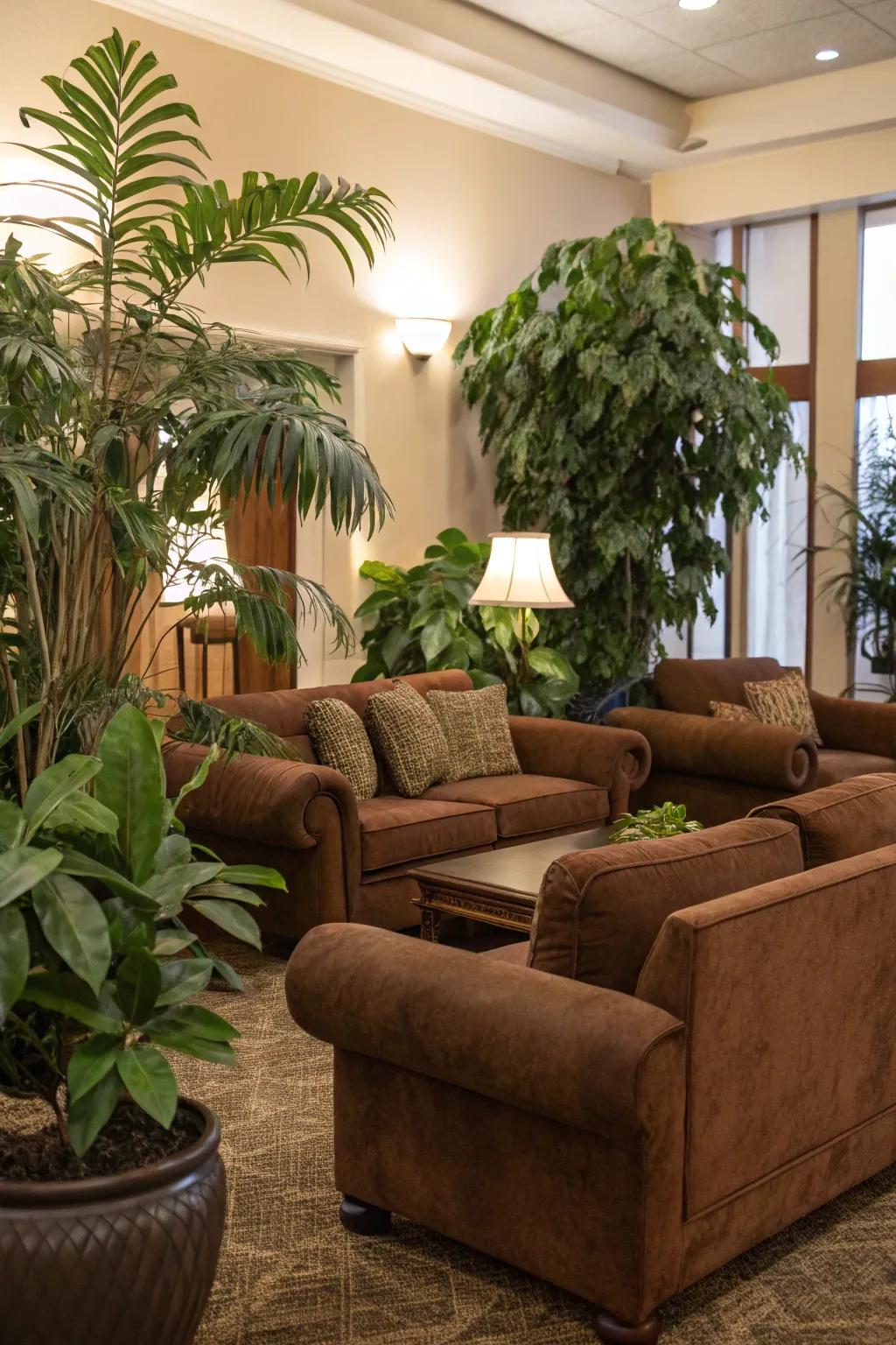 Indoor flora injects a vibrant touch to a brown-themed area.