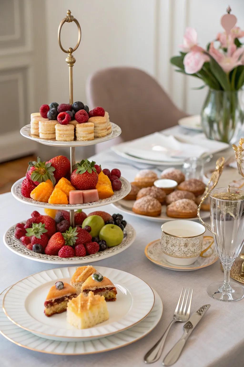 Multi-tiered displays create an energetic presentation for brunch offerings.