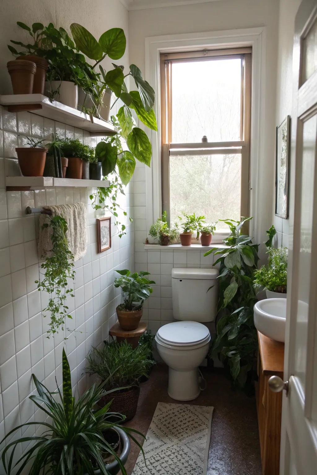 This small bathroom is brightened with a natural and fresh touch from indoor plants.
