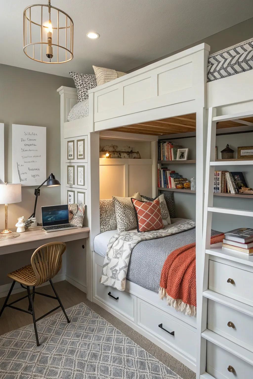 A concealed study zone enhances the functionality of built-in bunk beds.