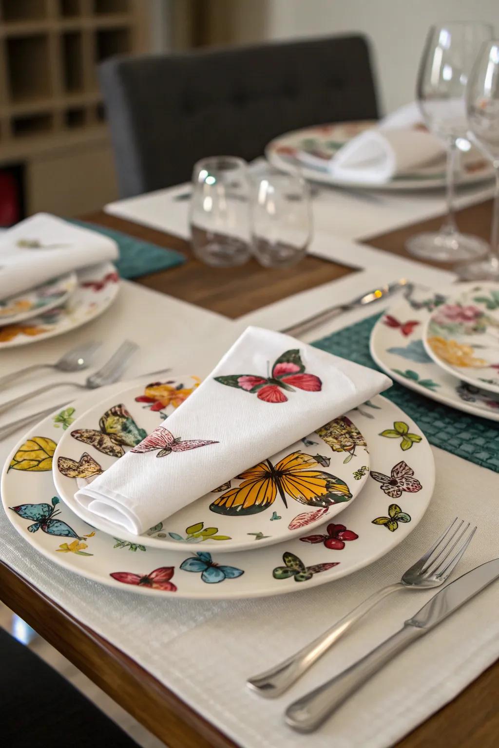Butterfly themed tableware enhances the dining ambiance.