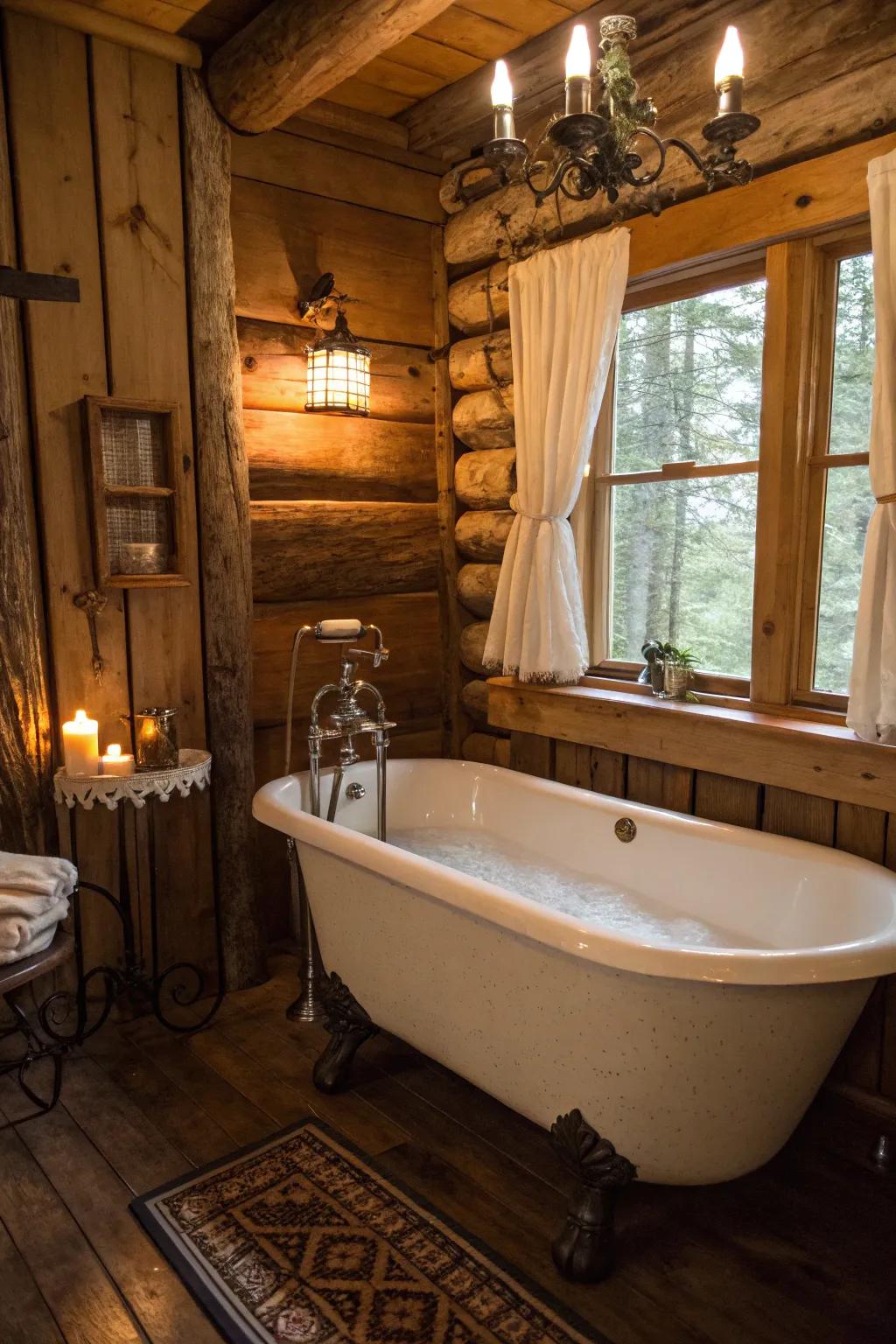 A cabin bathroom features an antique clawfoot tub and vintage spigot.