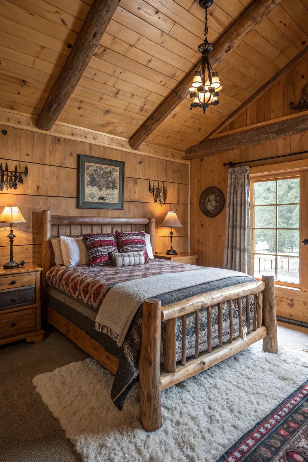 A cabin bedroom is furnished with rugged wood furniture and rustic decor.