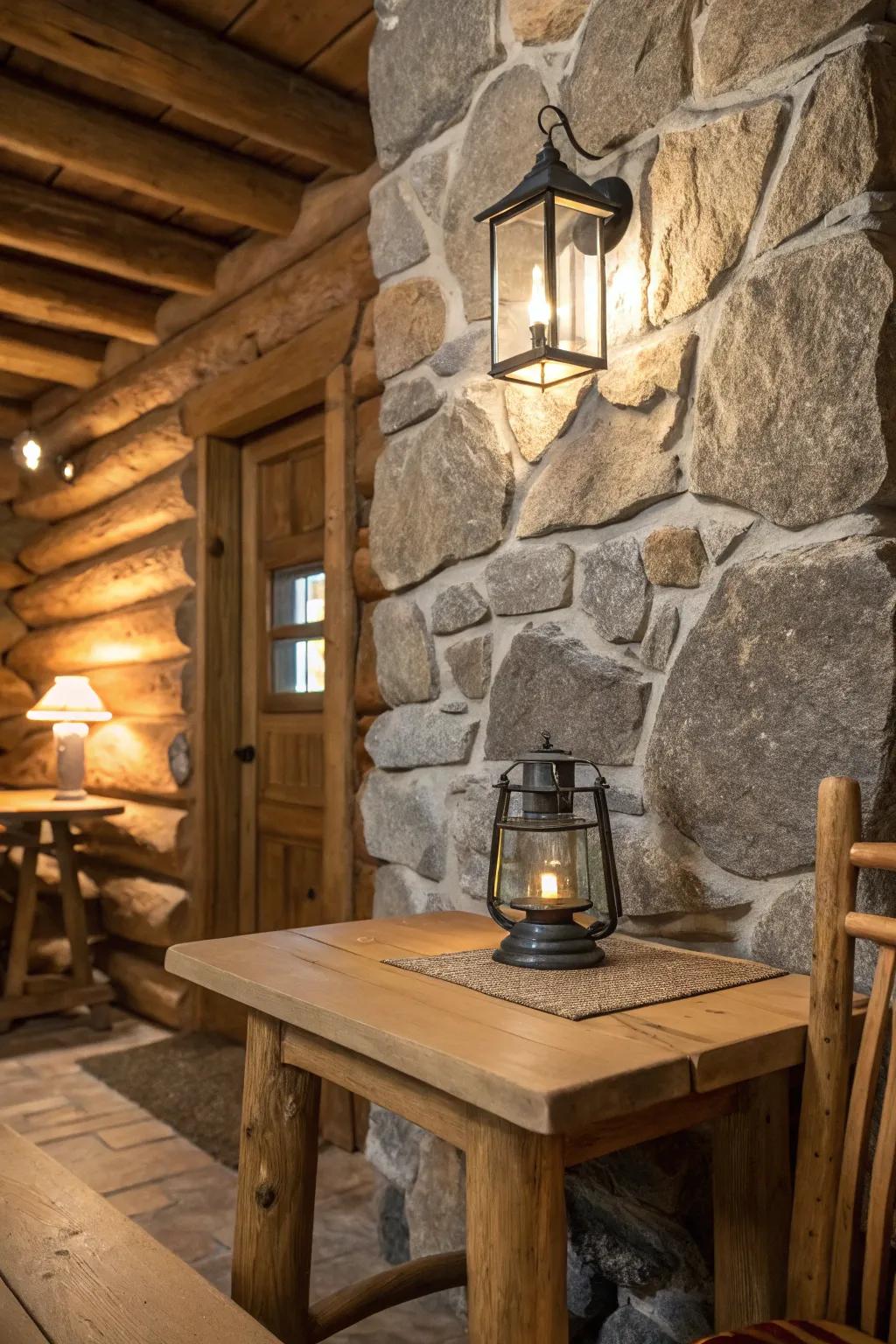 Stone details beautifully complementing the countryside charm of the cabin.