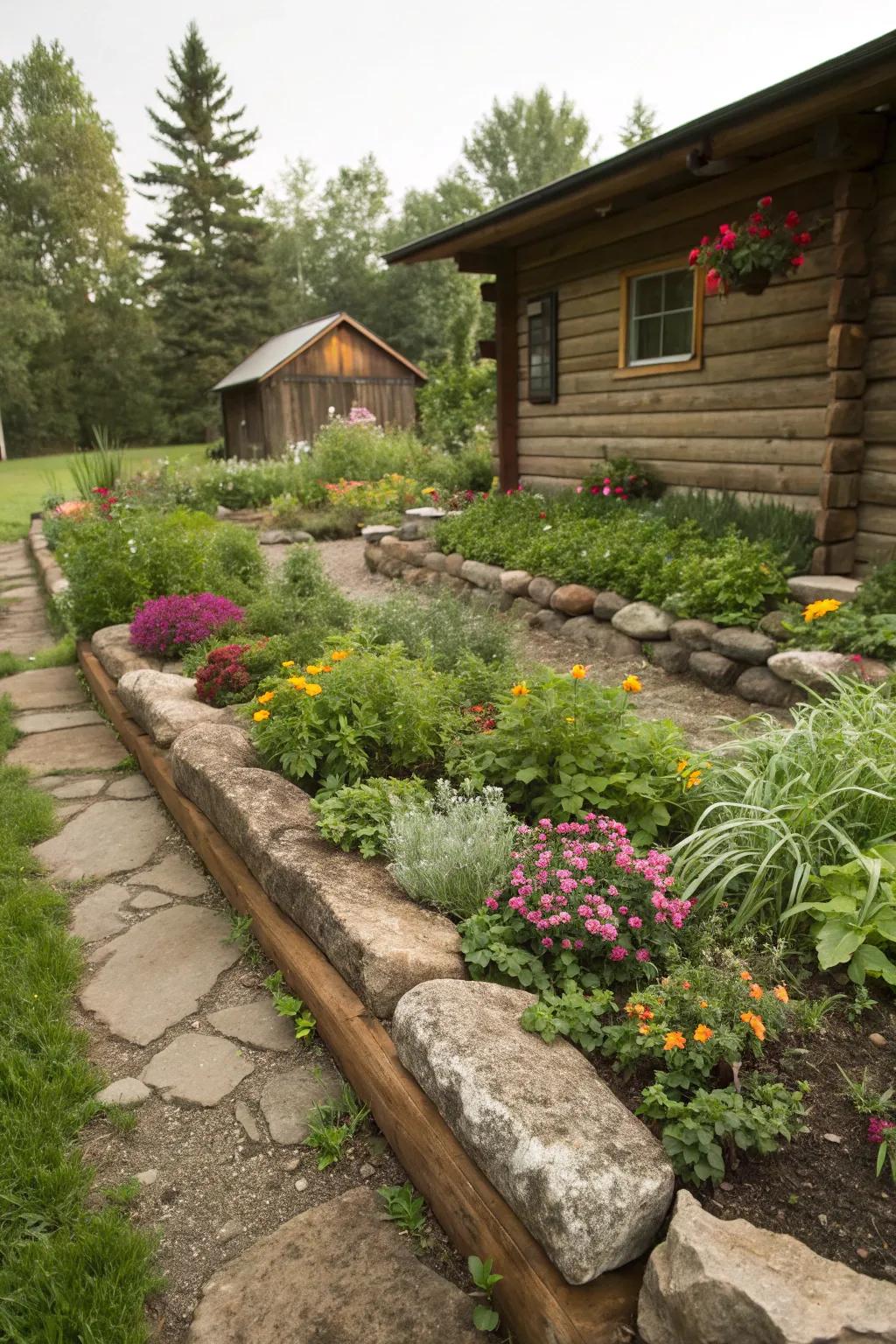 Natural rock edges define garden beds and introduce dimension.