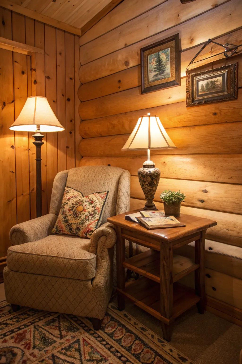 Upright and desk illumination forming intimate, appealing lighting in a cabin corner.