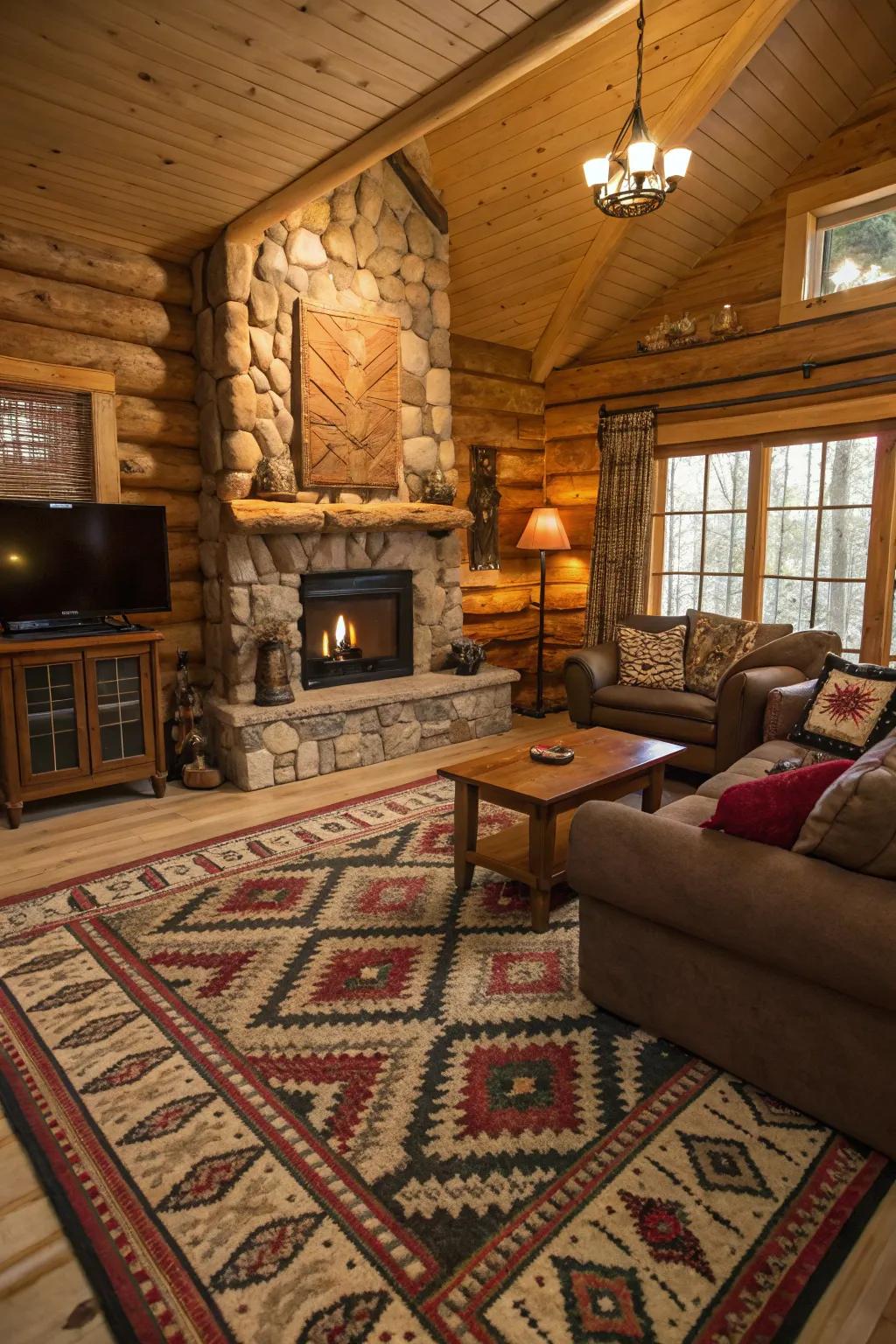 Layered fabrics and designs add depth to this cozy cabin living space.