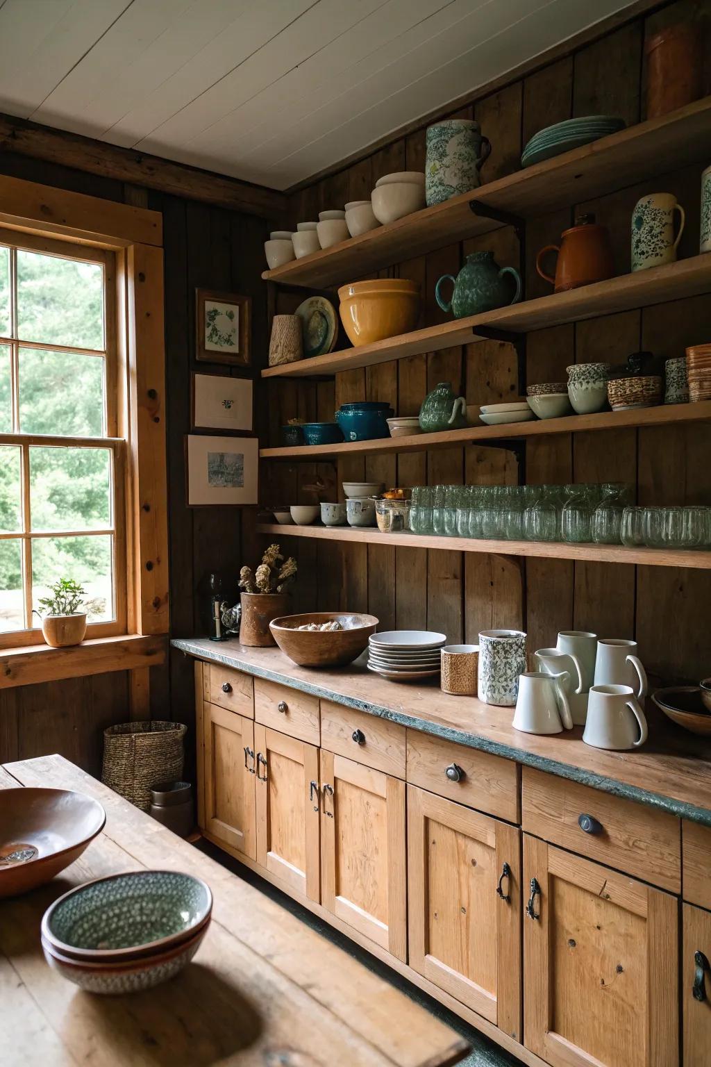 Open shelves showcasing glasswares and pottery in the cabin cooking area.