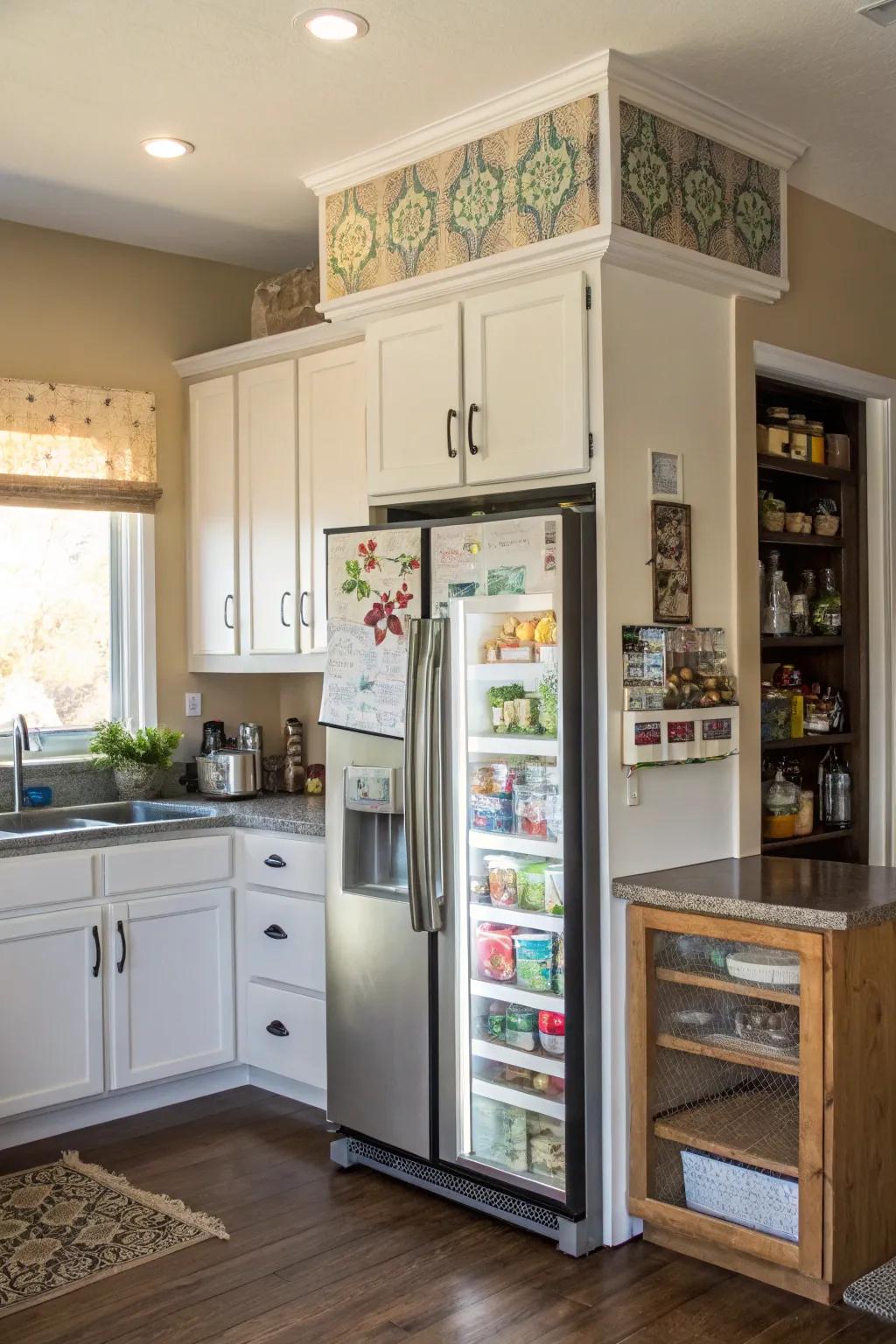 Homemade cabinets display personal creativity and style.