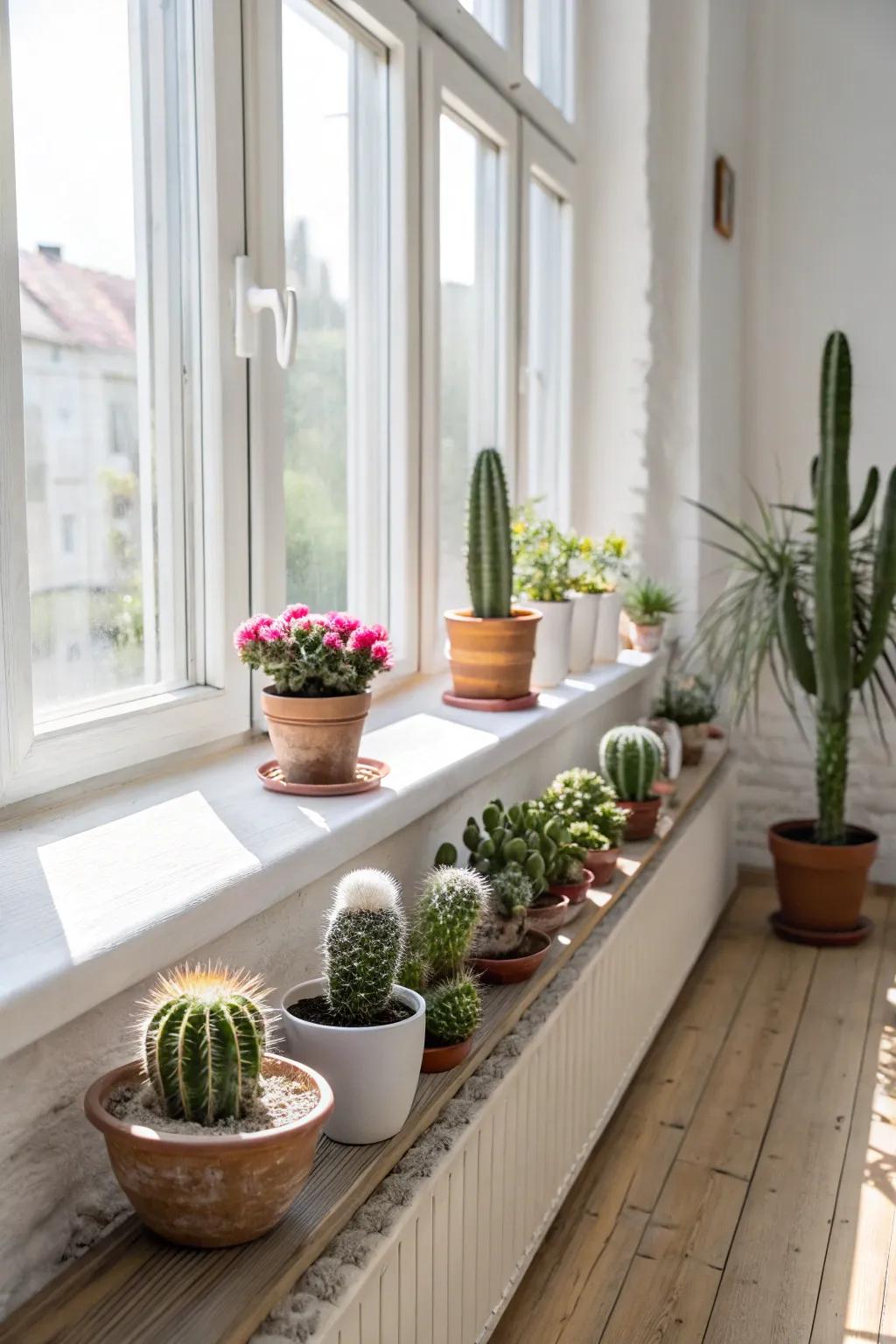 A sunny windowsill adorned with a mini cactus garden.