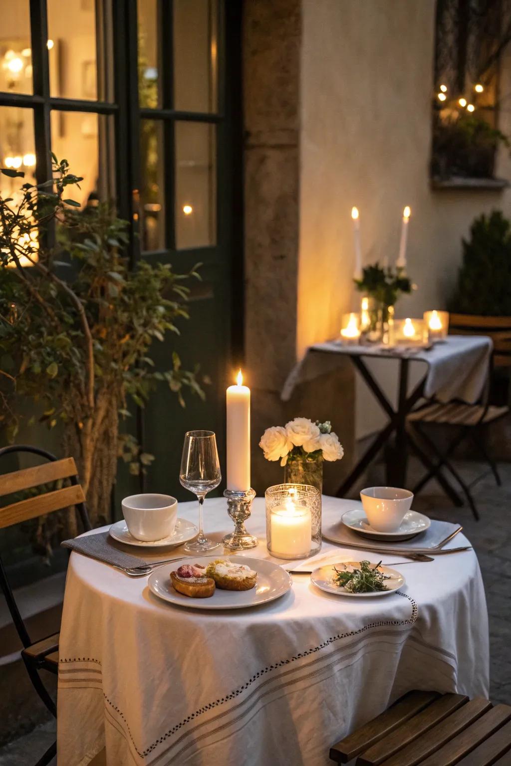 A cozy café table arrangement illuminated by the soft glow of candlelight.