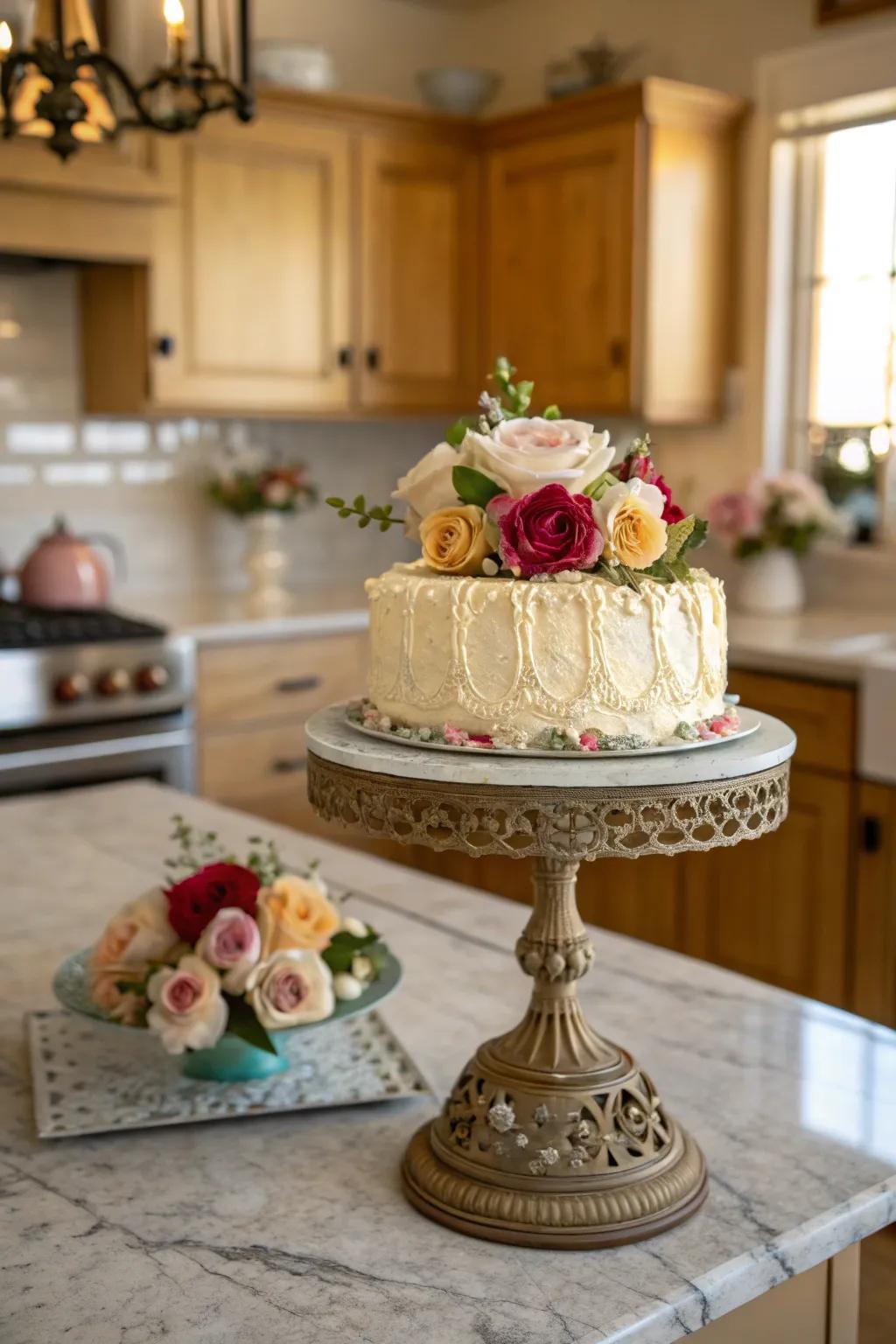 A cake displayed on a vintage stand, adding charm and height to the presentation.