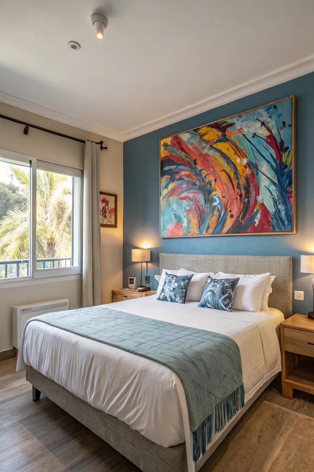 Bedroom displaying a large abstract painting over the bed to add elegance.