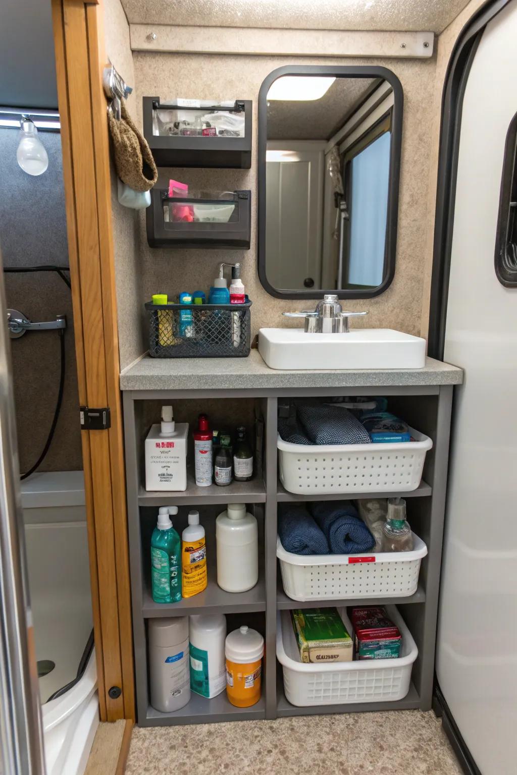 Utilizing space under the sink with compact shelves for extra storage.