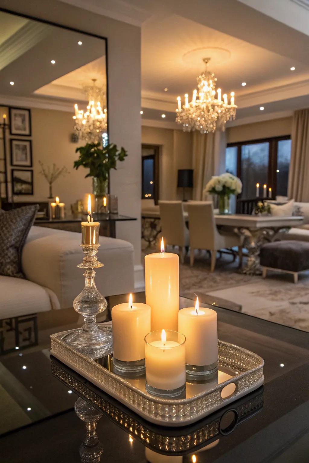 Mirrors beneath lights generate an enchanting lighting effect.