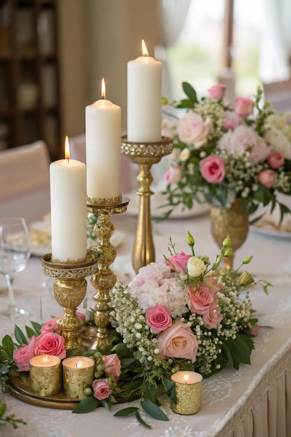 Dramatic table focal piece with lamps and gilded touches.