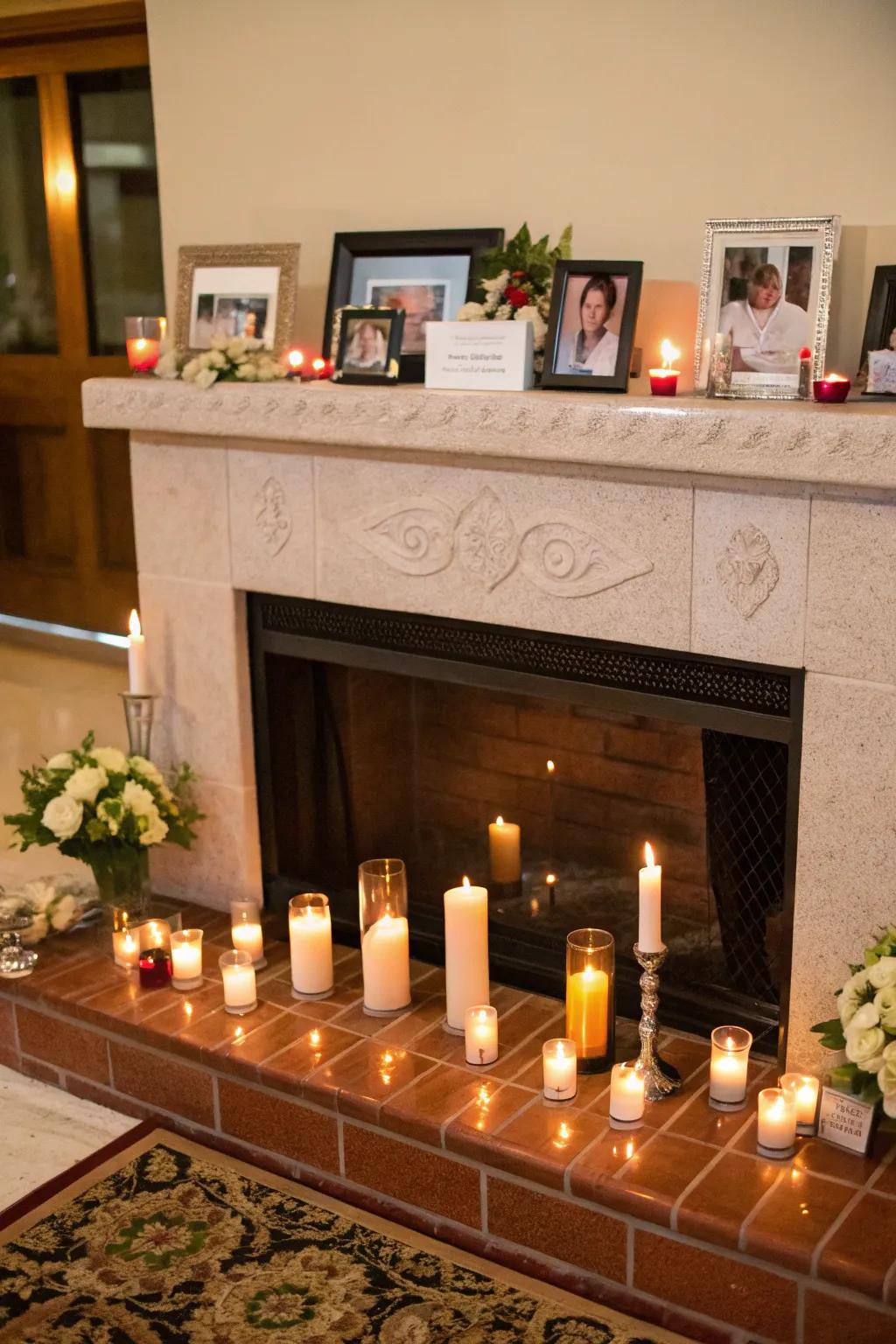 Turning the fireplace into an altar with candles and meaningful items.