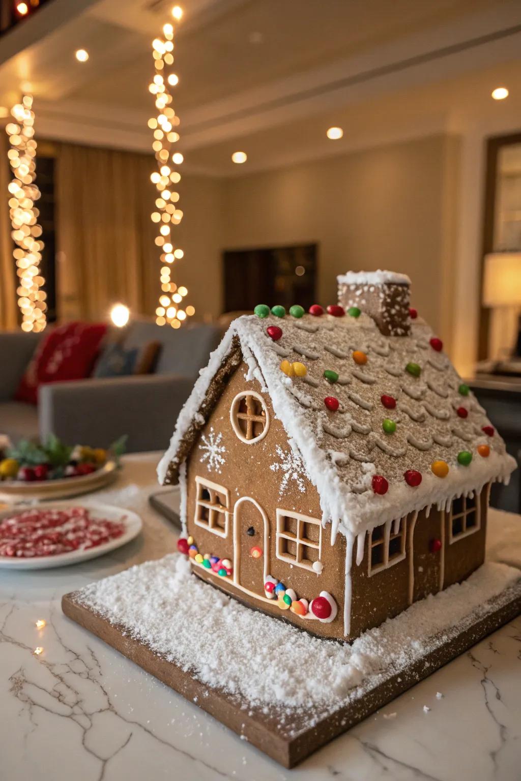 Drizzles creating a magical snow effect on the gingerbread house top.