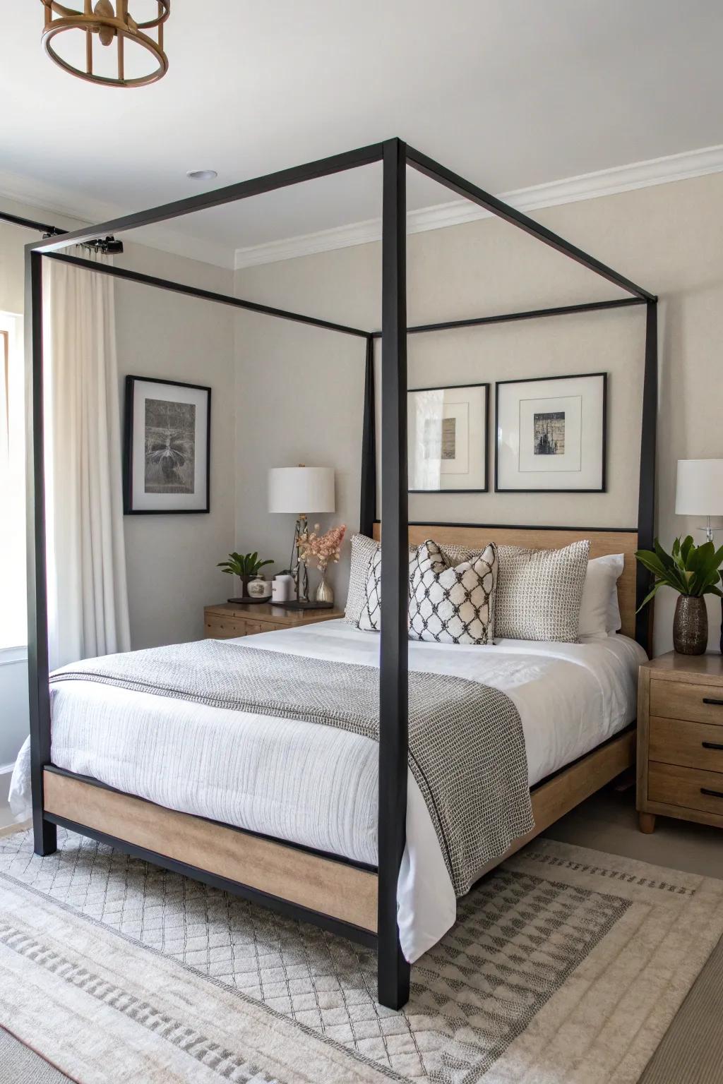 A modern canopy bed characterized by pristine lines and minimalist d&eacute;cor.