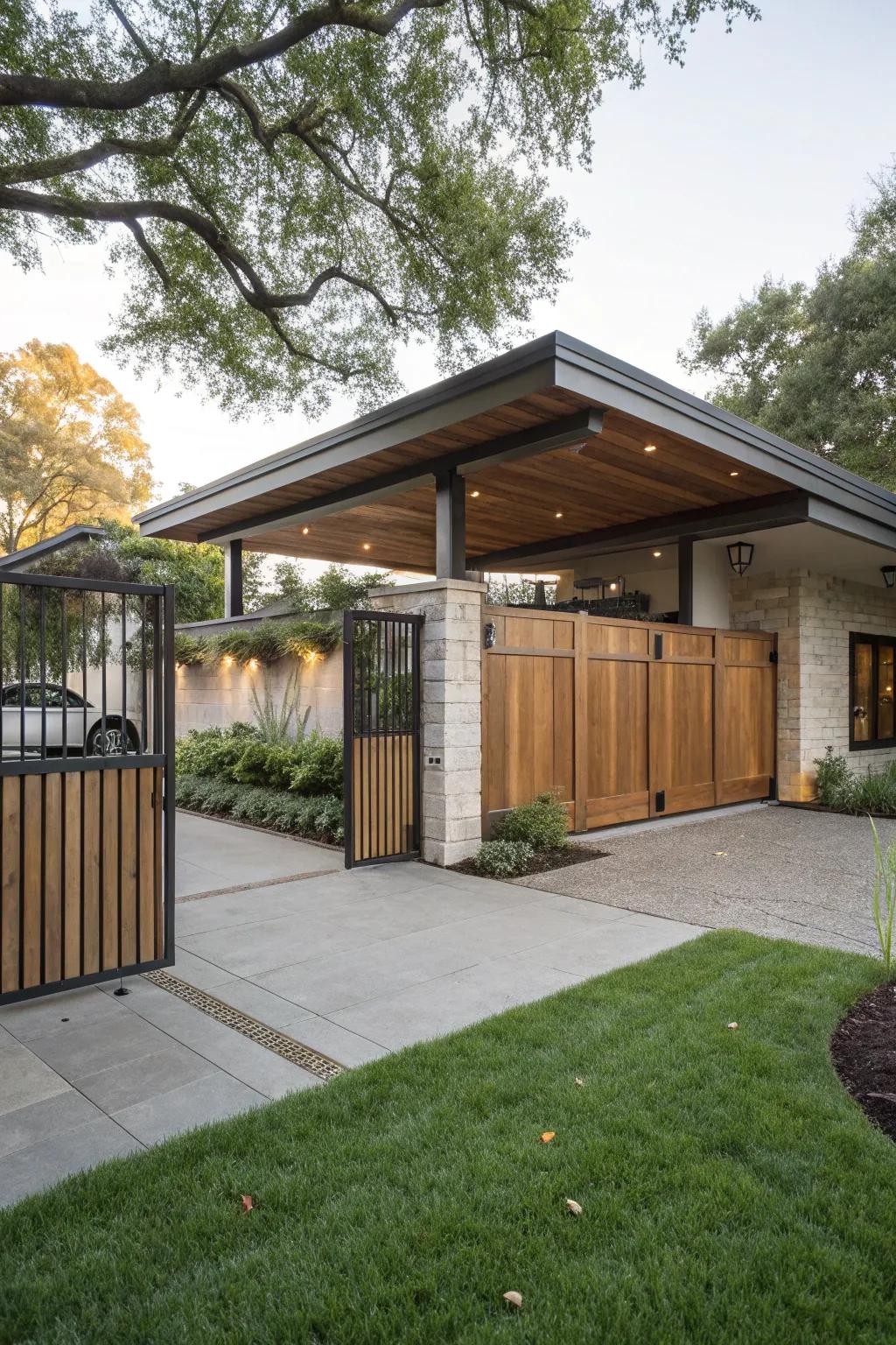 Carport highlighting concealment fencing barriers, harmoniously incorporated into the home's overall architecture.