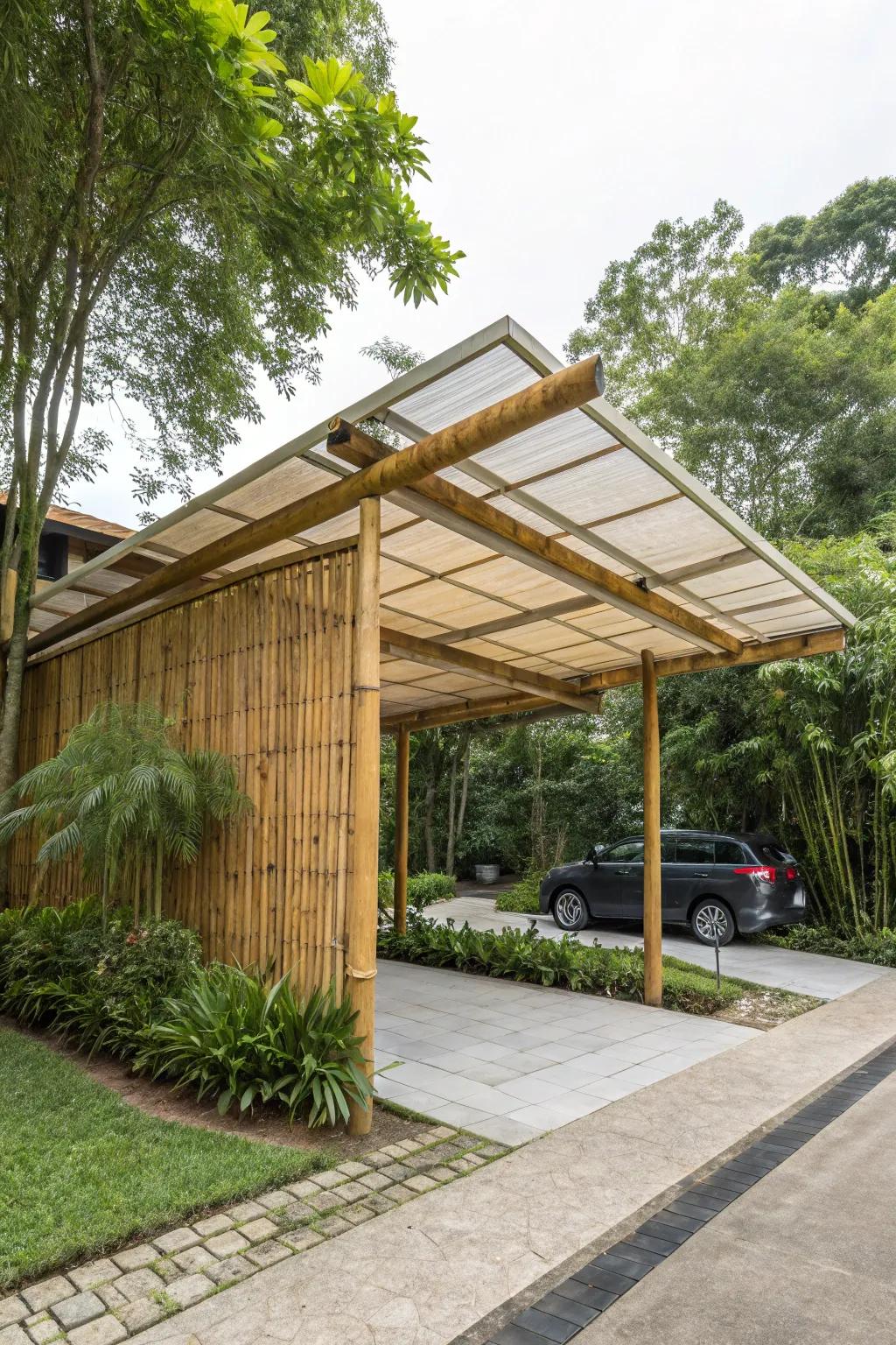 A sustainable carport constructed from bamboo and recycled timber, reflecting eco-conscious design.