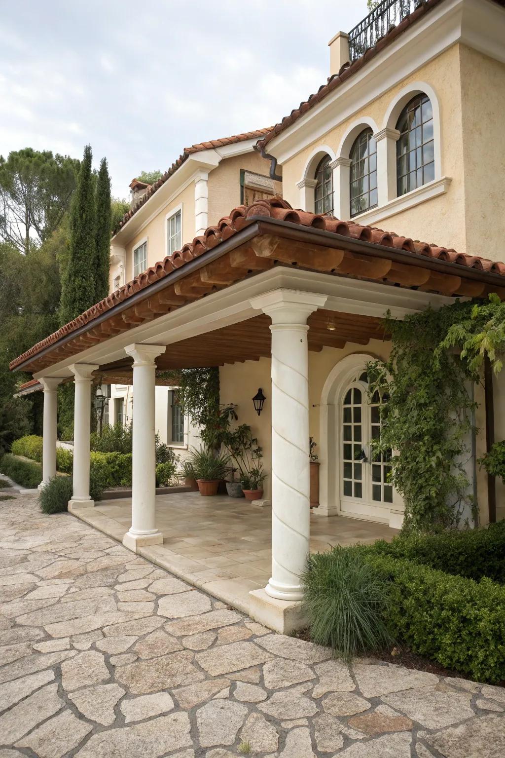 A Mediterranean-inspired carport exhibiting terracotta charm.