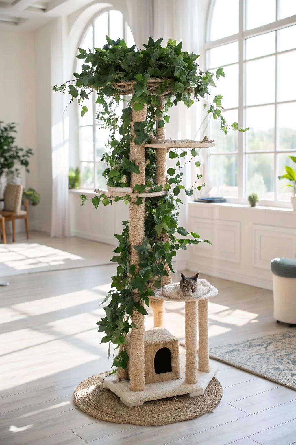 Abundant greenery introduces a natural element and sparks your cat’s interest.