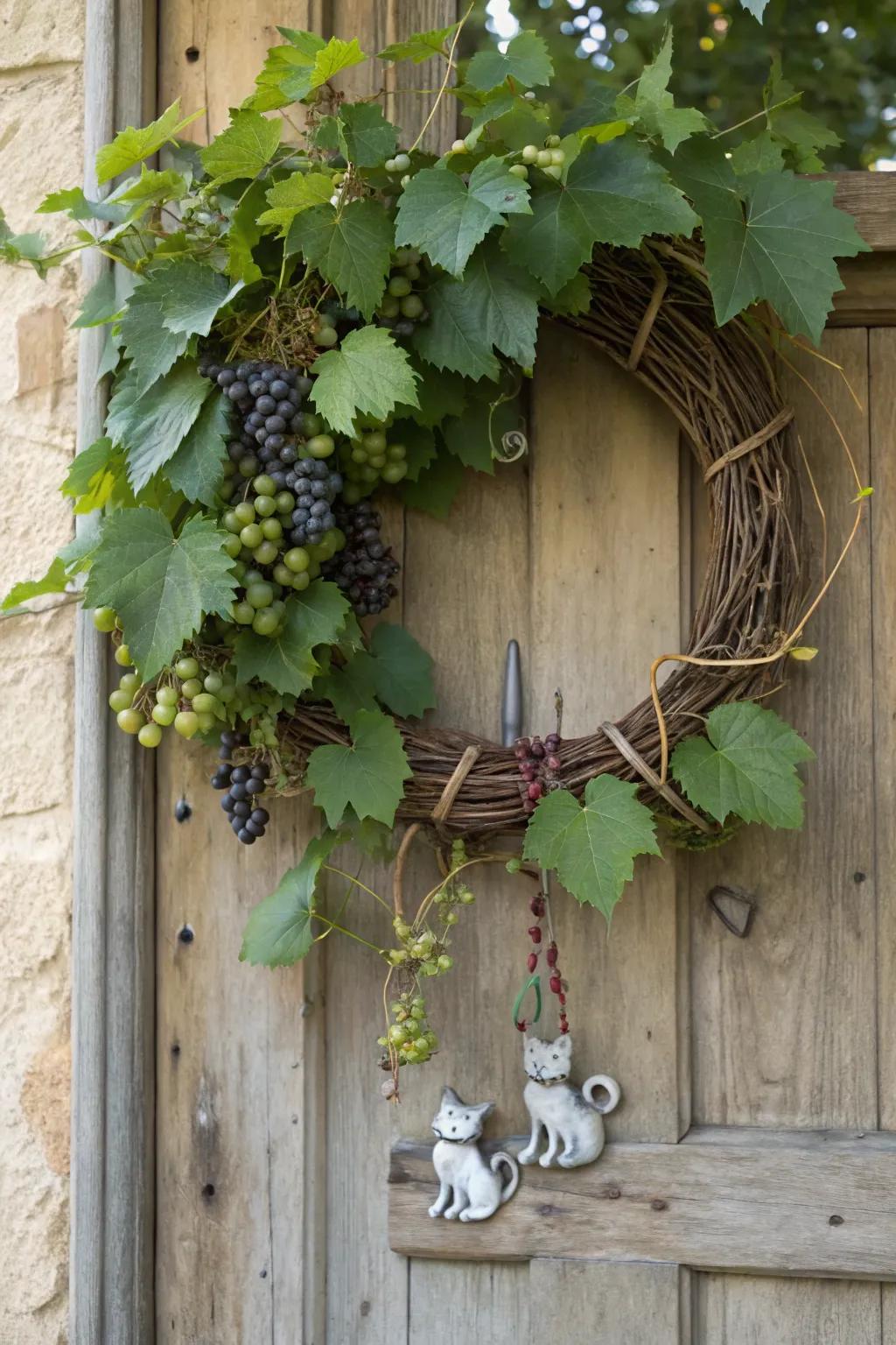 A rustic twisted branch cat wreath featuring a hint of charm.