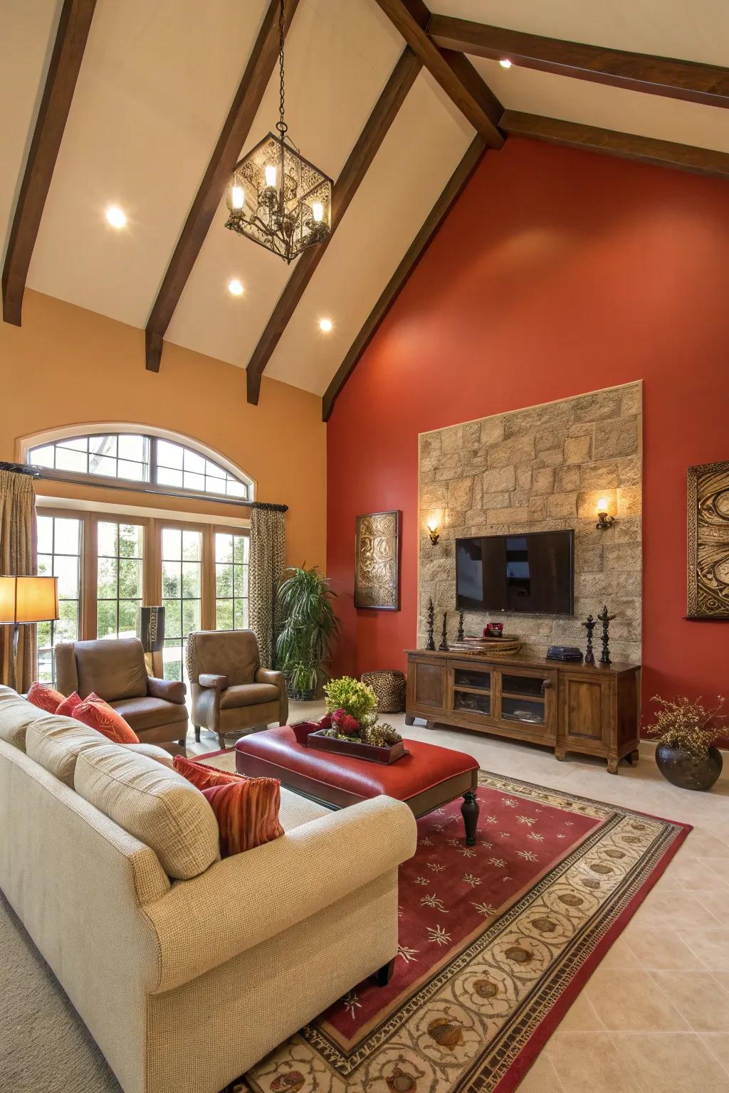 A bold accent wall draws the eye in this cathedral-ceilinged room.