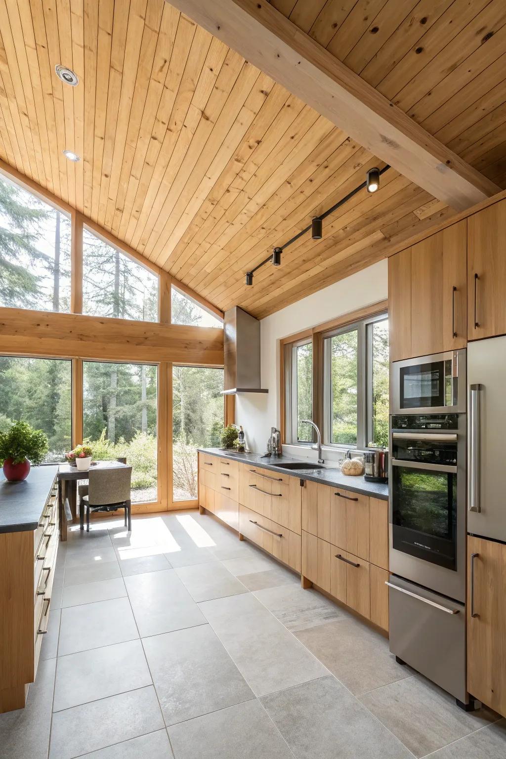 A culinary space featuring a wooden plank ceiling, blending style with functionality.