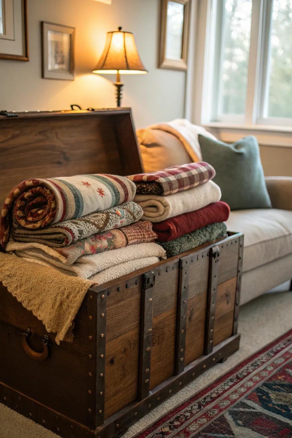 A storage trunk provides stylish storage for cozy blankets.