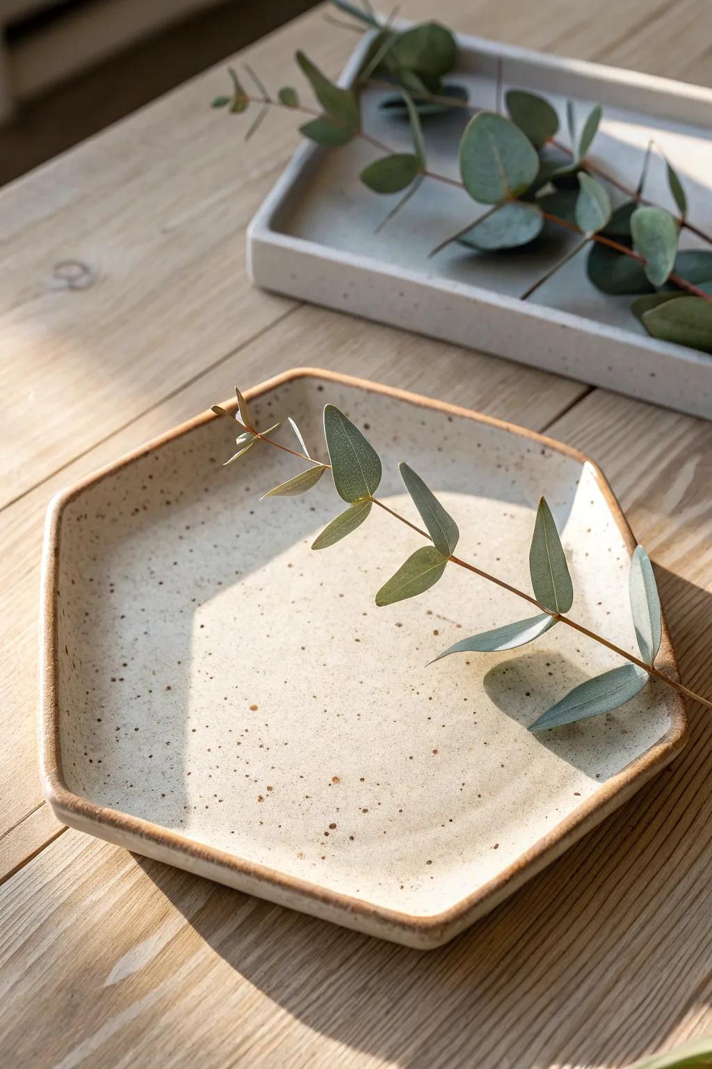Embrace the appeal of uncommon forms using this stunning hexagonal ceramic serving dish, a seamless mix of minimalist style and bohemian charm.
