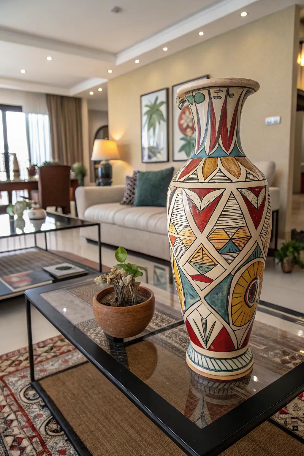 An abstract ceramic vase adds a modern edge to the living room décor.