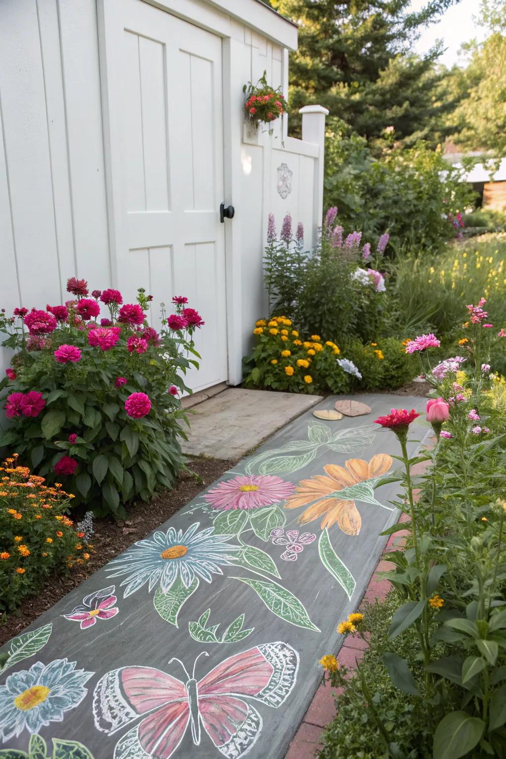 A stunning crayon garden blossoming with flowers and butterflies.