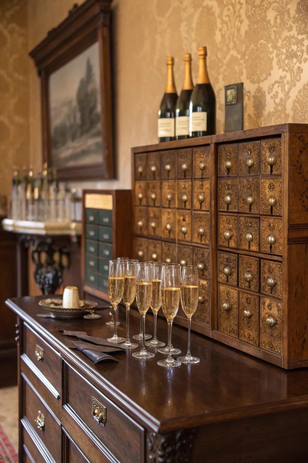 A vintage sparkling wine showcase using antique furniture.