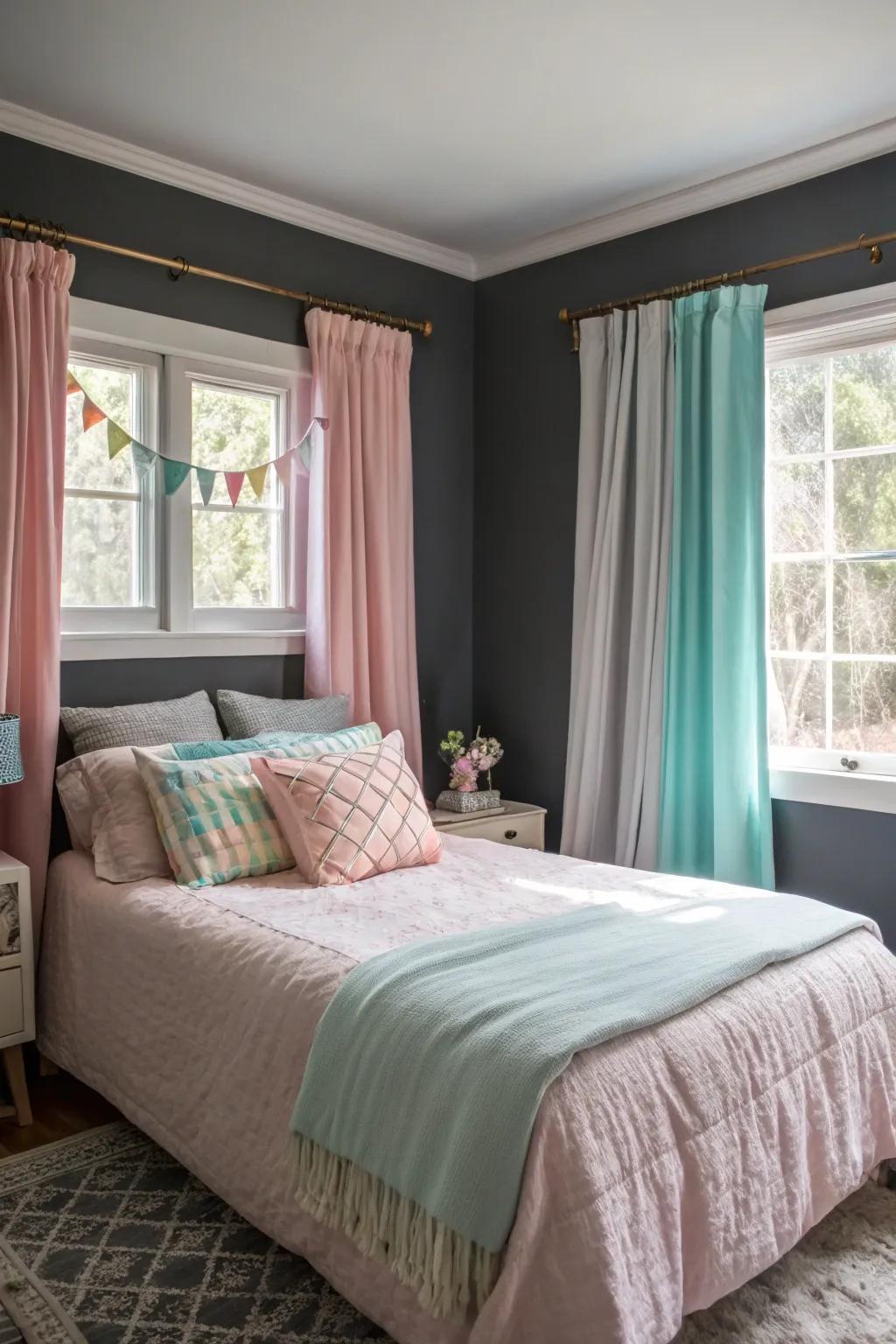 Pastels and deep gray: a harmonious blend for a soothing space.
