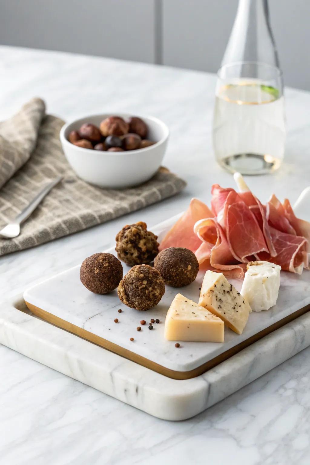 Minimalist chic with truffle cheese and cured ham.
