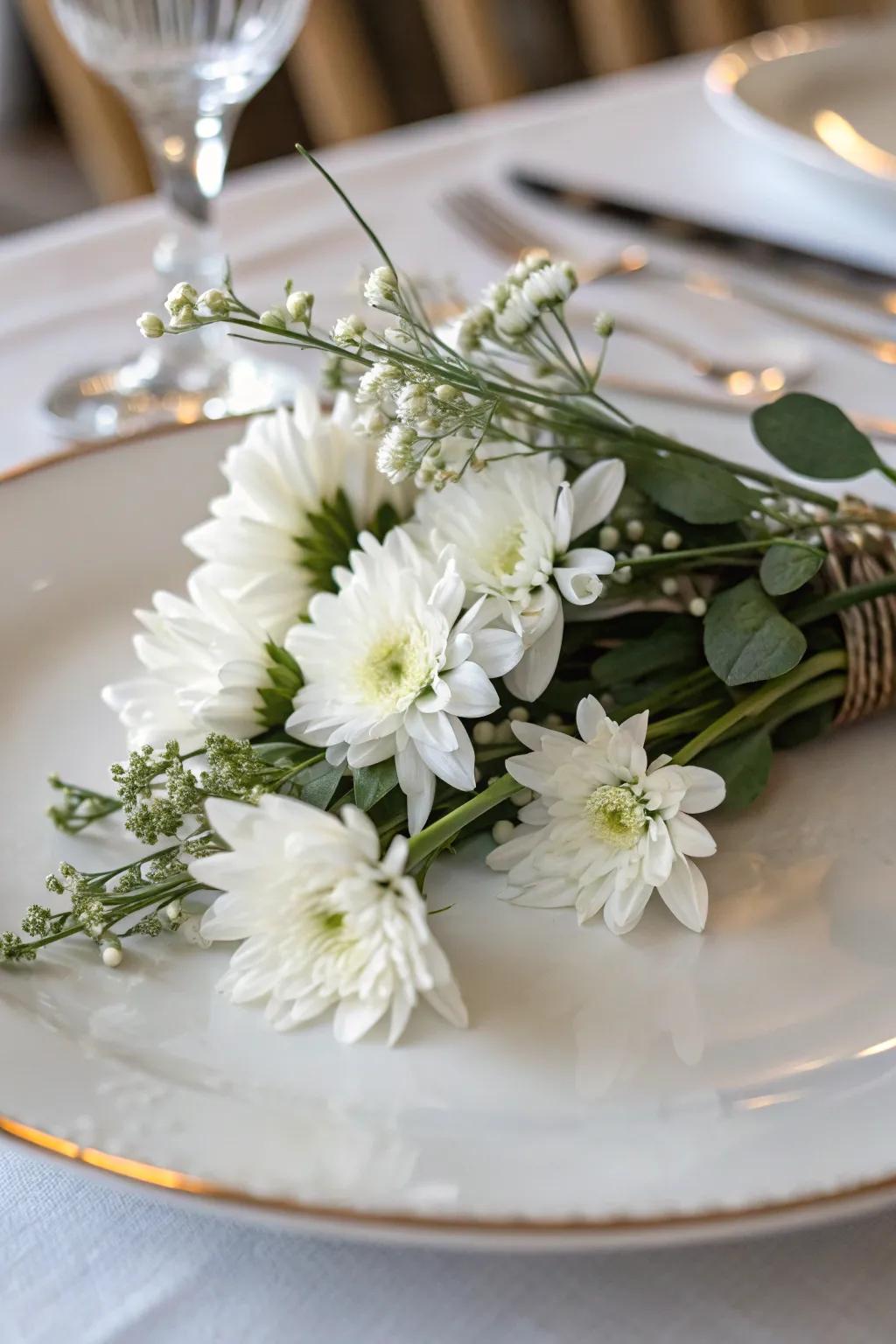 Achieve a streamlined style using a monochrome botanical centerpiece.