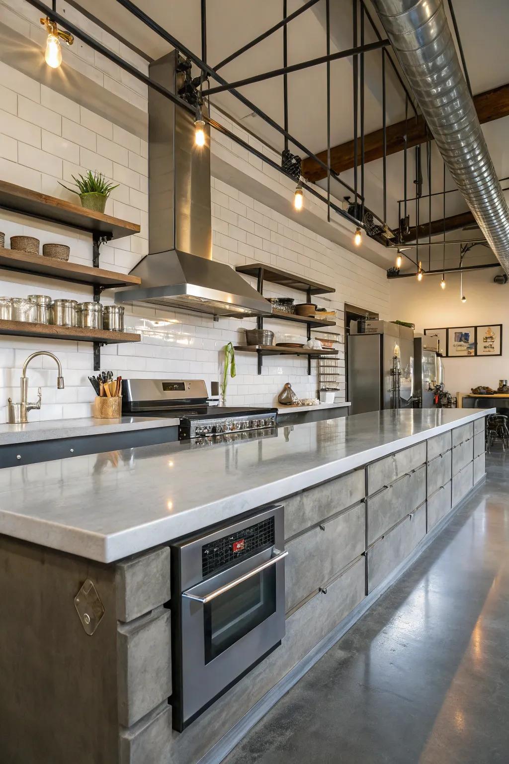An industrial kitchen showcases stylish concrete countertops.