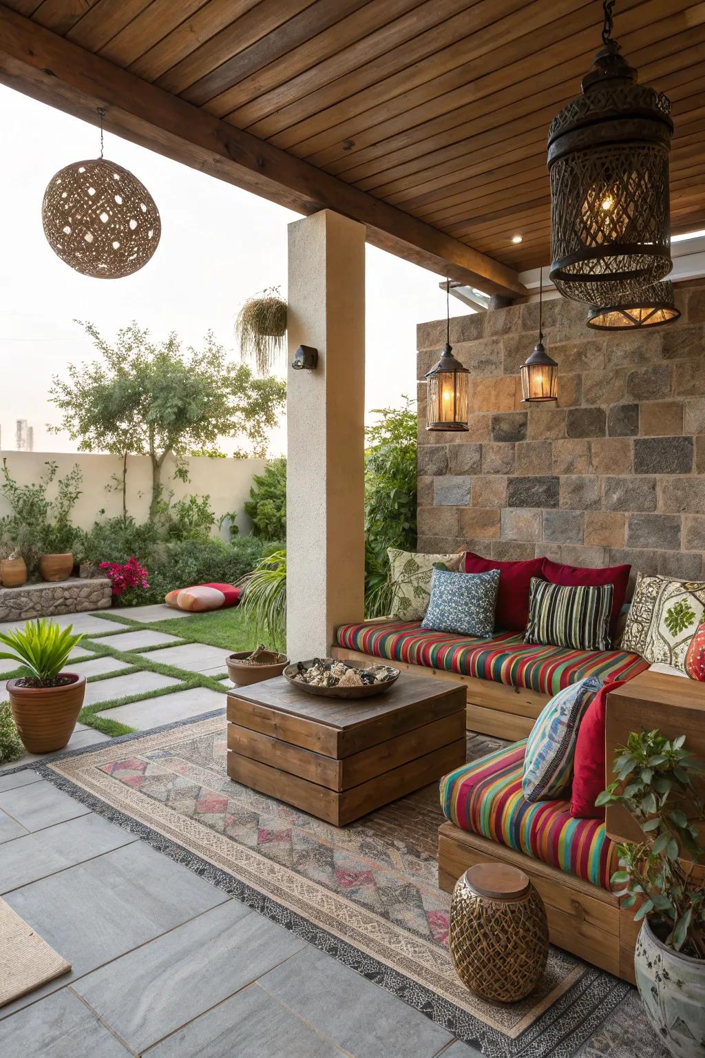 Modern, eclectic patio design with mixed materials.