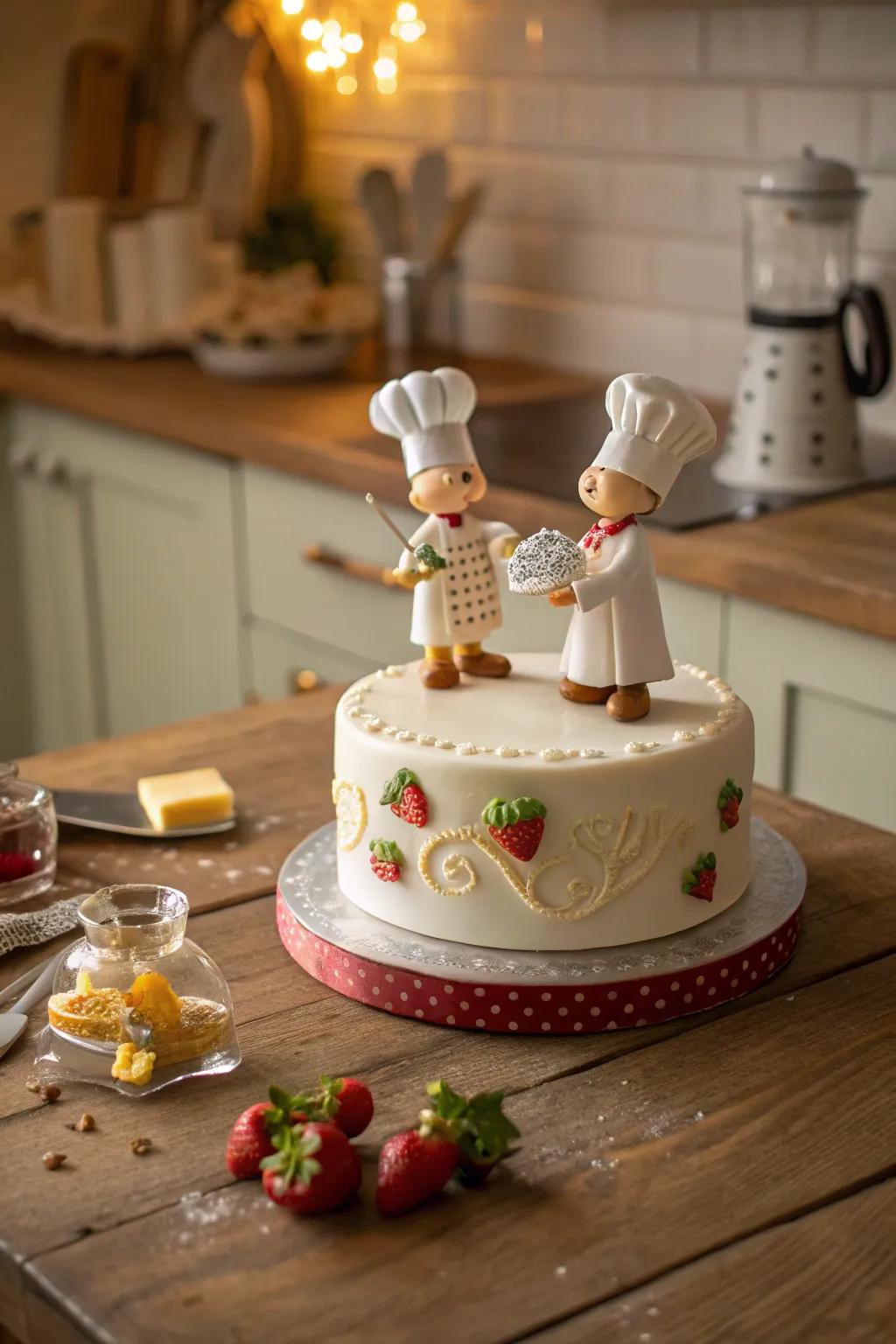 A playful cake adorned with elaborate fondant chef characters.