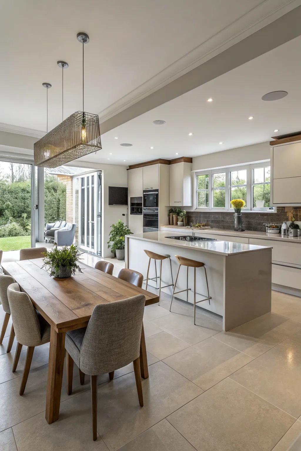 A smooth connection between cooking and dining spaces.
