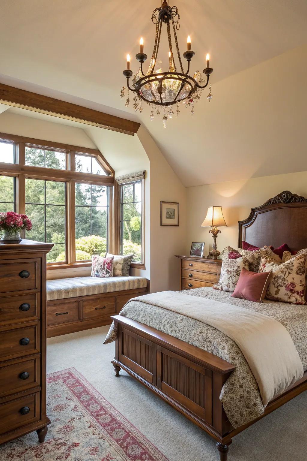 Accent lighting highlighting the beauty of cherry wood furniture.