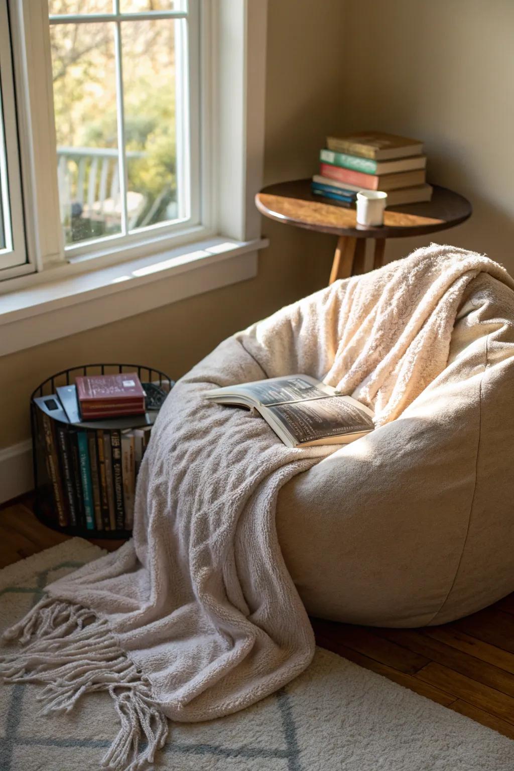A snug corner featuring a lounge bag perfect for unwinding.