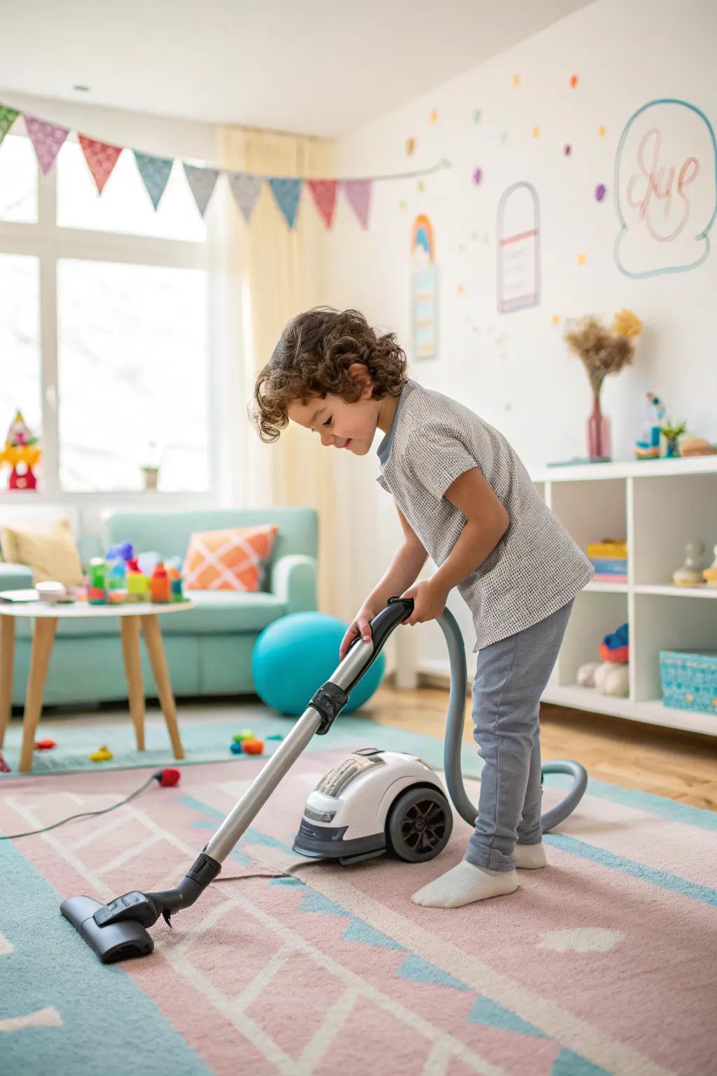 A young helper learns to vacuum.